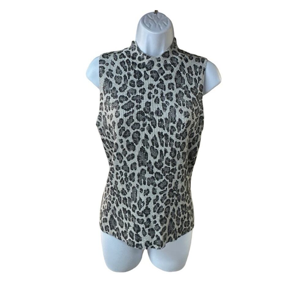 Gantos Leopard Print Sleeveless Sweater Metallic Knit Mock Neck Top Size L
